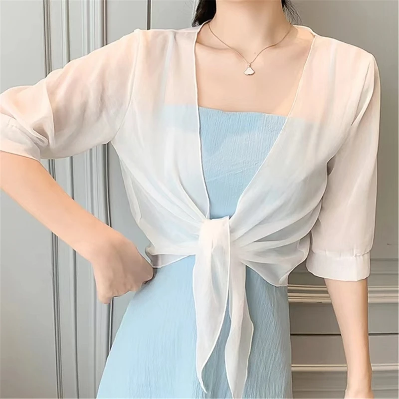 Womens Boleros Shrug Soft Chiffons Shawl Wrap Sheer Short Sleeve Open Front Tie Cropped Cardigans for Evening Dress