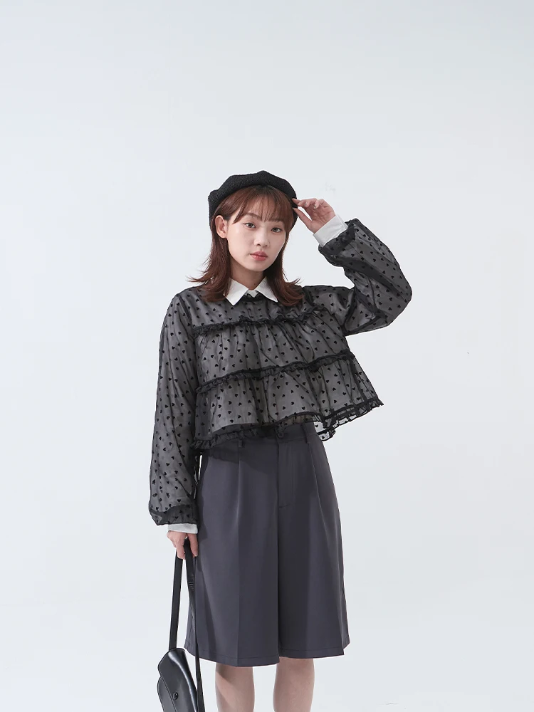 

Queenop 3D Heart Lace Trim Transparent Cover up Top Women's Casual Sle Loose Fit Long Sve T-irt Breathable Polyester