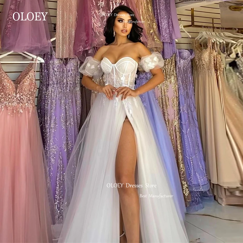 OLOEY-vestidos de novia de línea A de tul de encaje con escote Corazón, Sexy, bohemio, manga corta, vestidos de novia divididos, blanco, Formal, fiesta