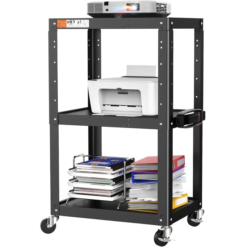 3 Shelf Metal Utility Cart Durable Computer Cart on Wheels with Power Strip Height Adjustable AV Presentation Cart Stand for