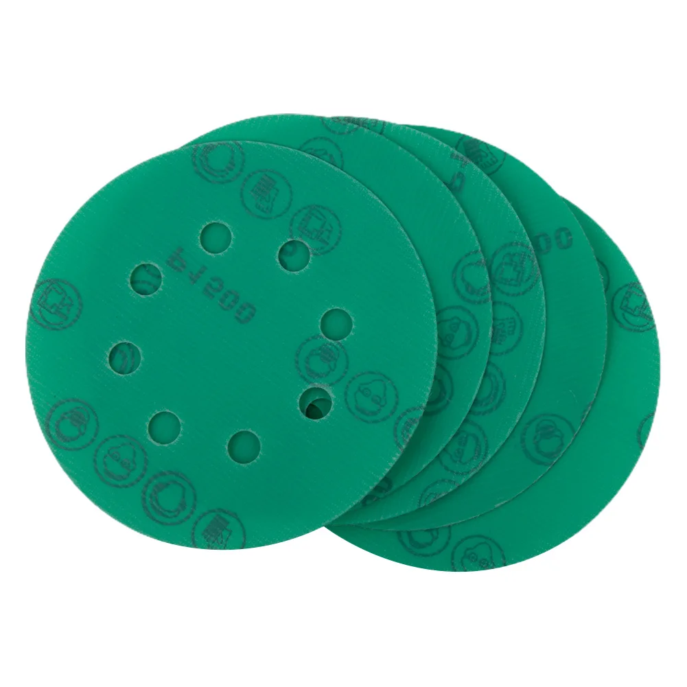 Dischi abrasivi da 5 pollici a 8 fori e pellicola PET asciutto e bagnato Lucidatura carta vetrata verde adatta per lucidare mobili in legno e metallo