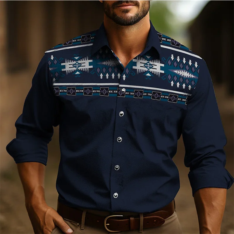 Vintage men's shirt ethnic wear western shirt tribal pattern retro black grey soft comfortable soft clothing new large size image 4
