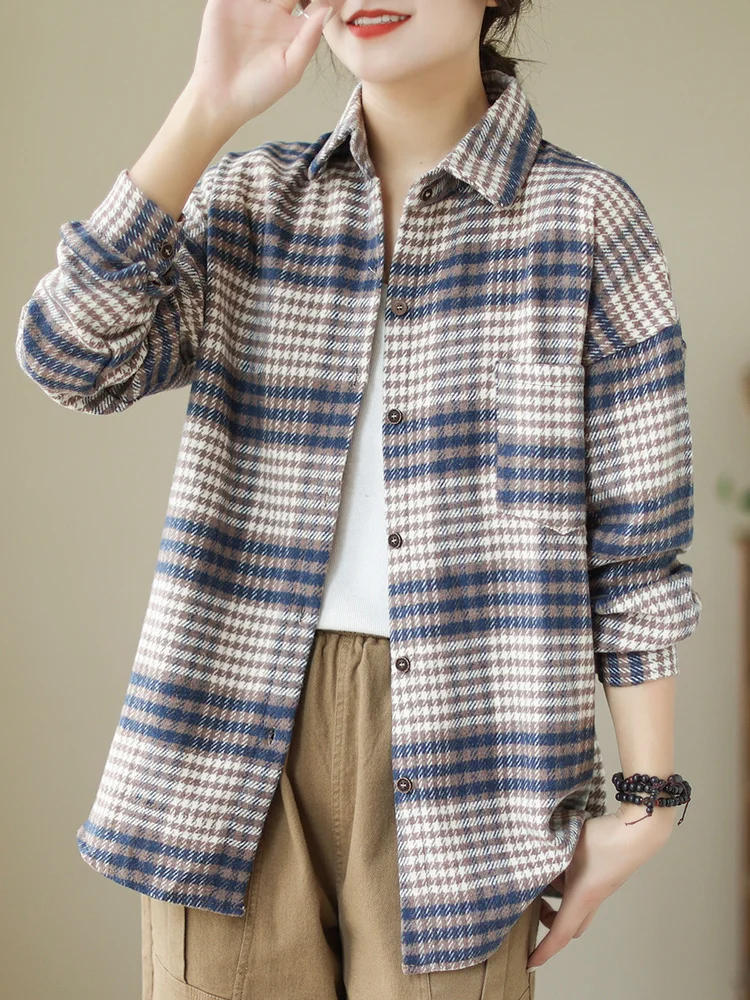 

Винтажное клетчатое длинное пальто све irt Thiened свободного покроя с воротником, женская деловая повседневная верхняя одежда, фланелевая пуговица
