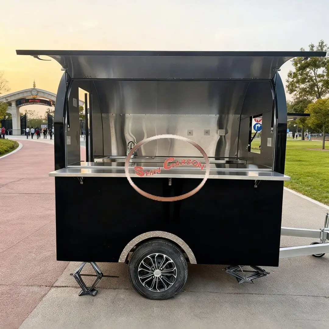 

Black Small round Portable Food Trailer Outdoor Mobile Snack Cart for Street Food Business round Towable Kitchen on Wheels