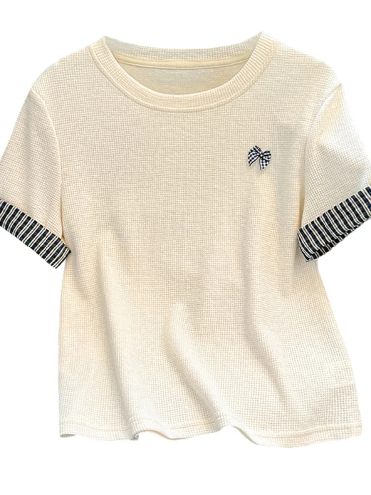 Summer ort Sve T-irt Women's Plaid Patchwork Design Sense oulder Top Korean Sle Loose Fit round Ne Casual irt