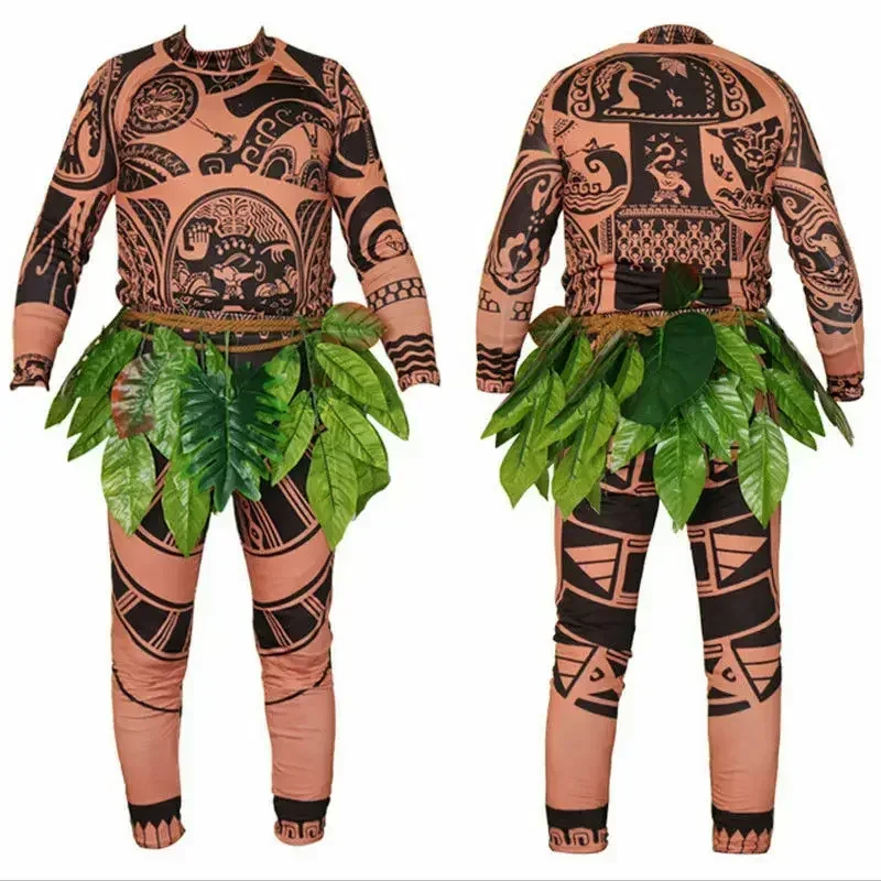 Camiseta/Pantalones con Tatuaje de Maui de Moana, Disfraces de Cosplay de Halloween para Adultos, Hombres y Mujeres, con Decoración de Hojas, Disfraz de Halloween para Adultos