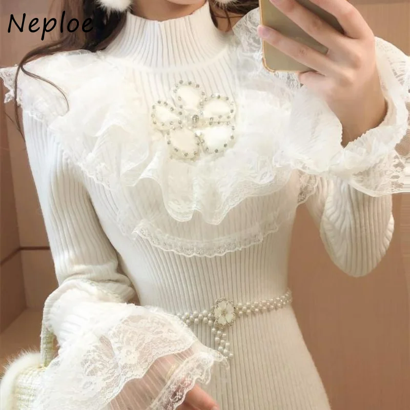 Neploe Stand Neck Lace Patchwork Rhinestone Robe Femme Solid Color Long Sleeve Hip Package Dresses Vestidos De Mujer Elegant