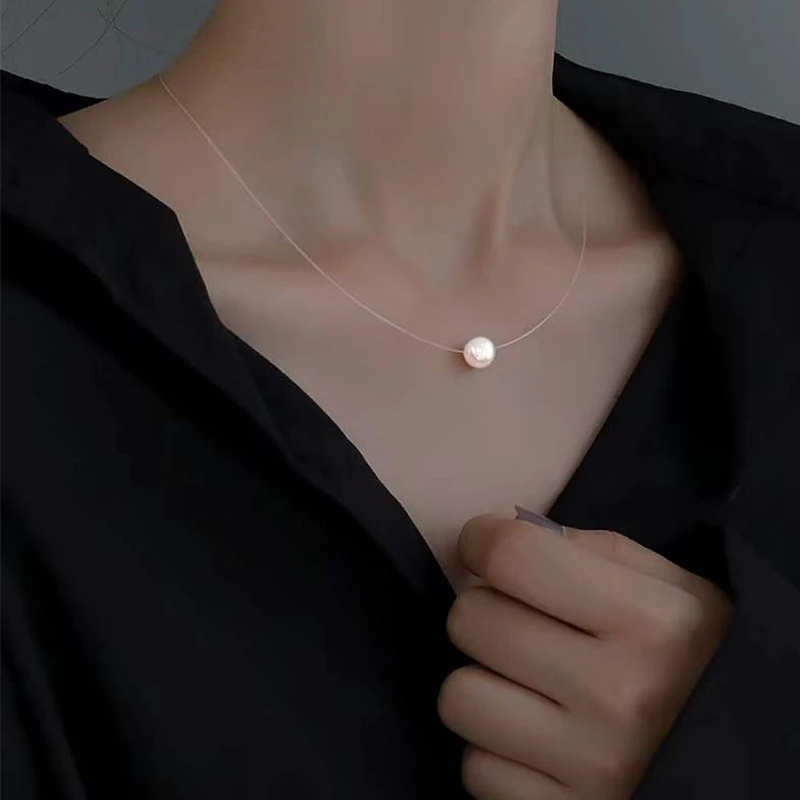 خط صيد شفاف ، عقد لؤلؤ غير مرئي للسيدات ، حبة دائرية بسيطة ، قلادة رقيقة ، ياقة قصيرة ، طوق أنيق #3