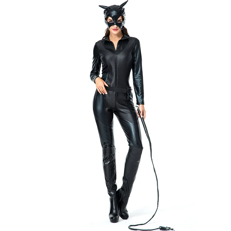 

Adult Women Animal Black Cat Skinny Jumpsuit Hat Mask Set Halloween Cosplay Costumes Performance Role Play Outfit