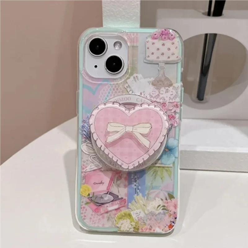 Coréen mignon grille coeur arc magnétique téléphone Griptok poignée Tok support pour Magsafe pour iPhone 17 16 pro étui de charge sans fil support