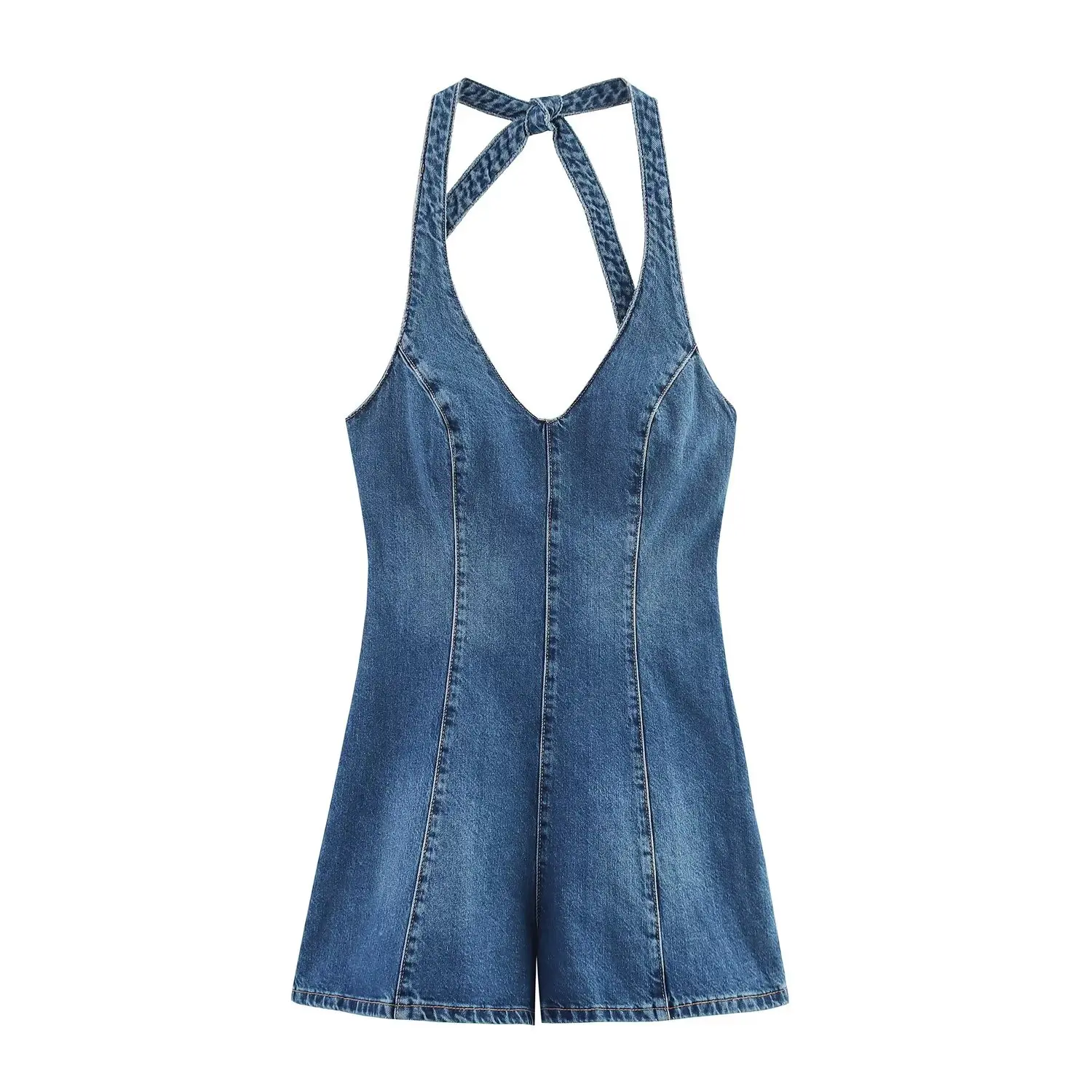 

PB&ZA Summer New Women's Fashion, Elegant, Hot and Spicy Sleeveless Hanging Neck Collar, Bareback Denim Mini jumpsuit