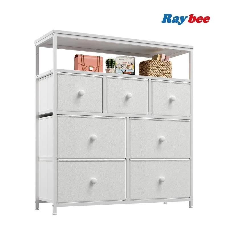 

【2024 Hot Summer Sale】RaybeeFurniture Dresser with Wooden Top and Metal Frame with 7 Drawers and 2 Shelves for Bedrooay