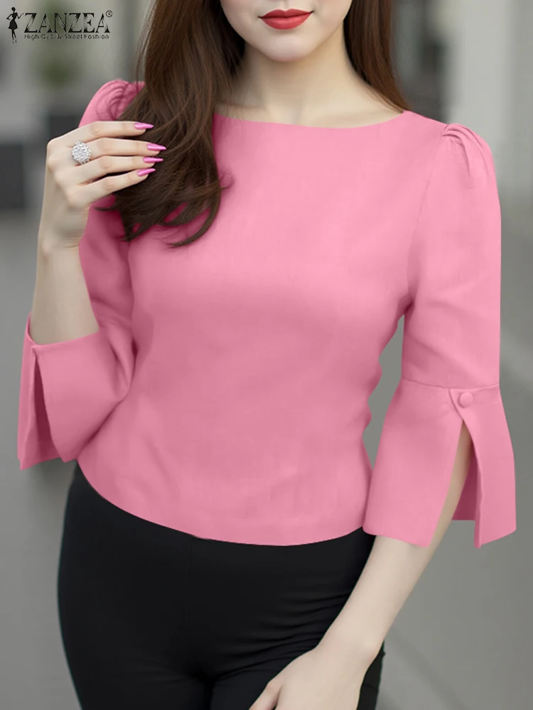 Mode chemises ZANZEA élégant haut pour femme femmes bureau solide Blouse 2025 été manches bouffantes fendu tunique décontracté Blusas Streetwear
