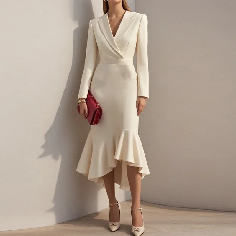 Neue Elegante Frauen Kleid V-ausschnitt Langarm Büro Dame Kleider Für Frauen Mode Einfarbig Meerjungfrau, Figurbetontes Kleid