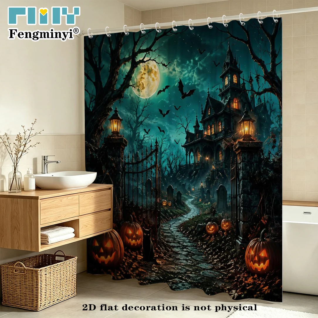 Scary Halloween Shower Curtain Haunted Castle Gothic Spooky Decor Horror Moon Forest Bathroom Curtain Polyester Waterproof Print