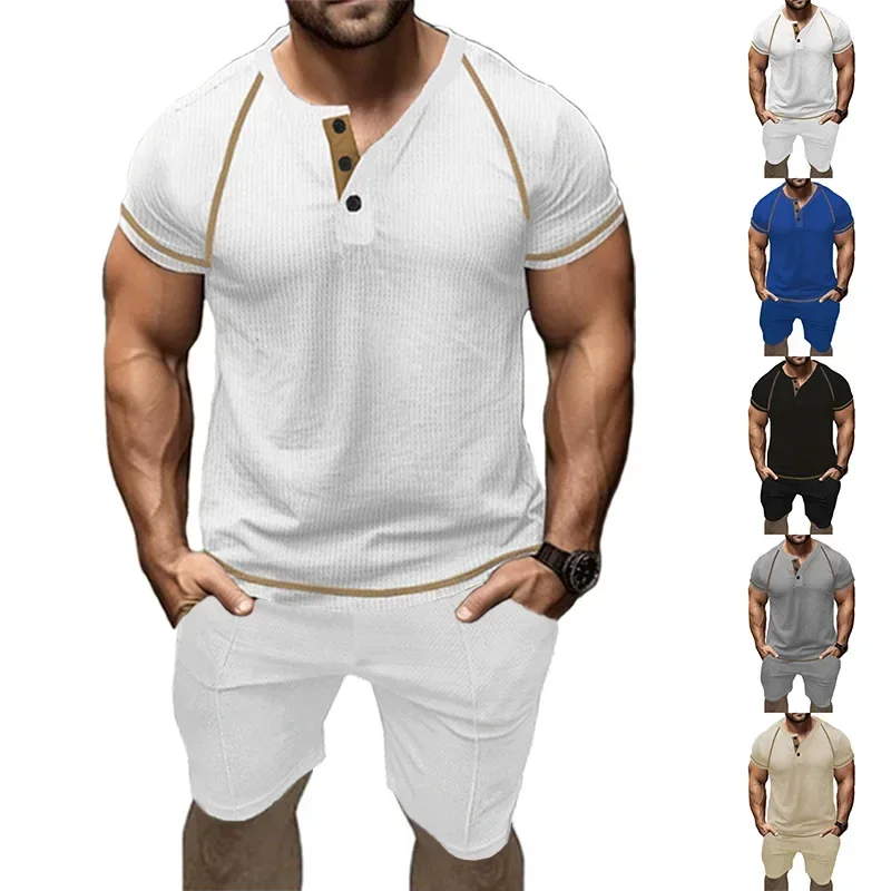 Summer Fashion Casual Slim Fit Men's Wear Set Henry T-shirt Waffle Sports Shorts Set for Men