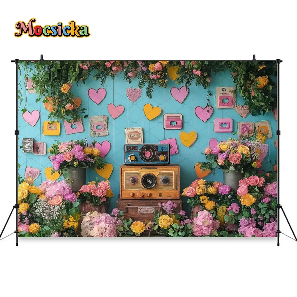 Valentine's Day Flower Room Background Colorful Radio Love Wood Wall Backdrop Girl Birthday Cake Smash Music Party Photo Studio