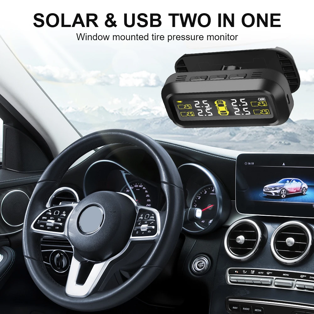 Sensores TPMS para coche, sistema de supervisión de presión de neumáticos, diagnóstico de ordenador a bordo, Solar/USB t