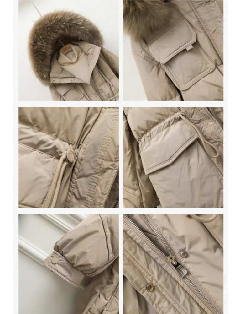 2023 Winter Large Natural Fur Hooded Tooling Parka Women 90 White Duck Down Thick Jacket High Waist Loose Windbreak Warm Coat