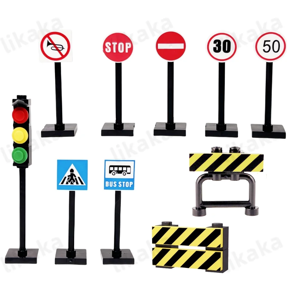 MOC City Road Traffic Signs Building Blocks Toys Street Traffic Blocks Classic City Road Sign Warning Board Bricks Toy Parts