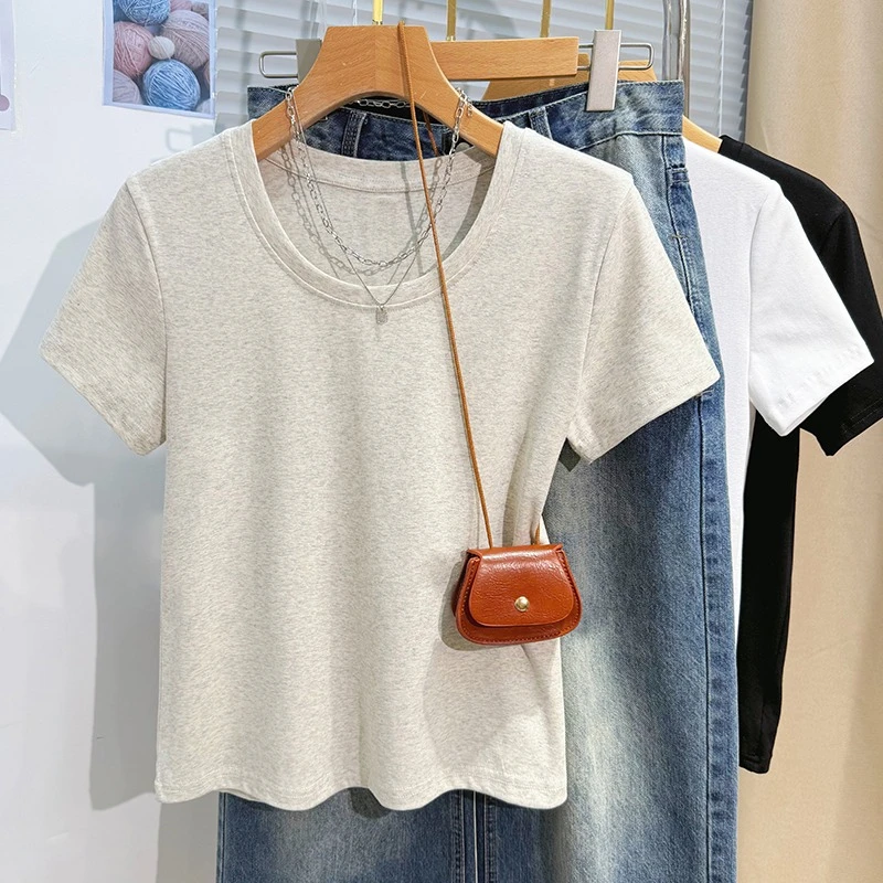 2026 Sommer Neu Einfarbiges Damen Kurzarm-T-Shirt im koreanischen Stil, schlichtes O-Neck Basic Tee, locker sitzendes, vielseitiges Oberteil