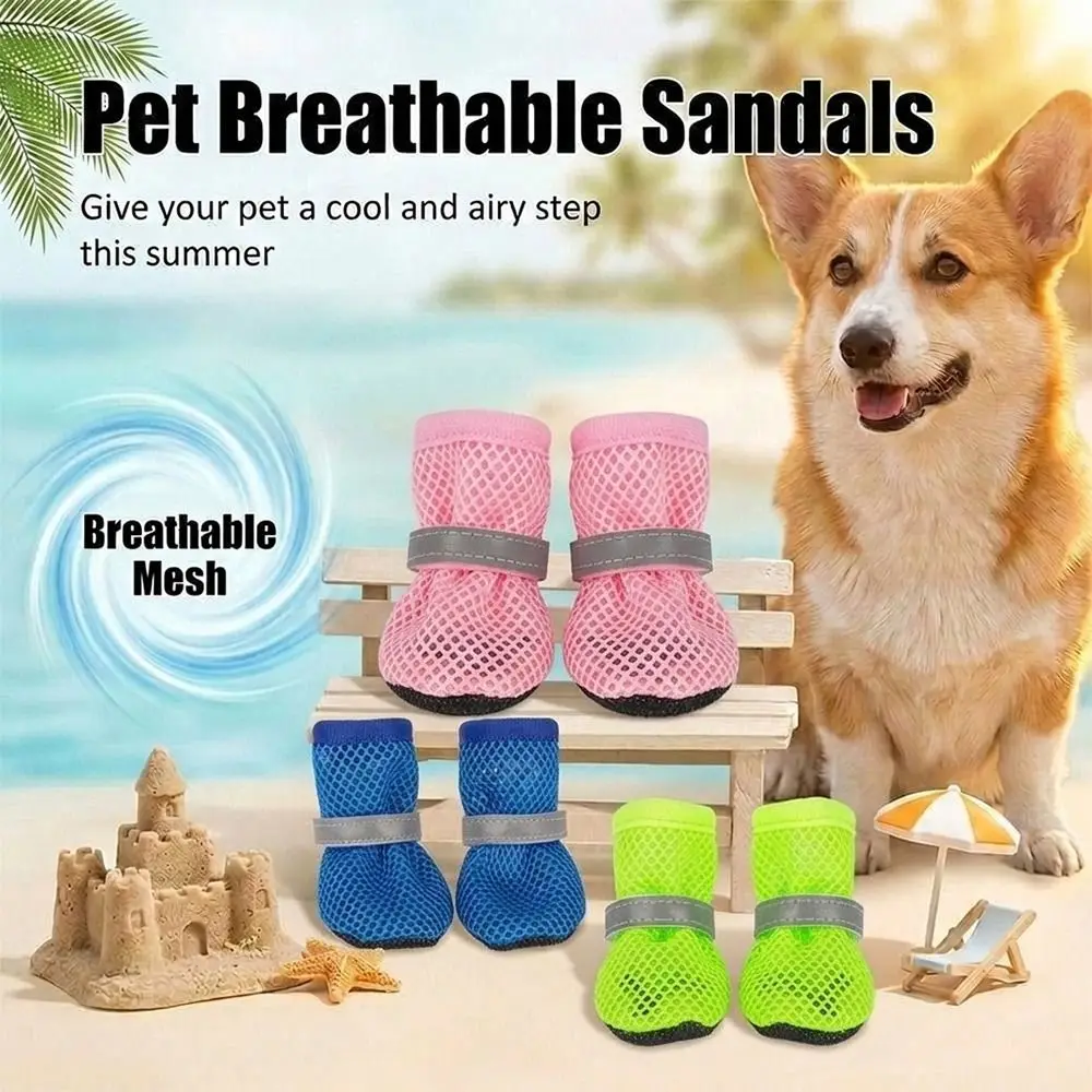 4 Stück Neue Reflektierende Riemen Kühlende Hundeschuhe Weiche Sohle Wasserdichte Hundeschuhe aus Mesh Rutschfester Pfotenschutz Hundeschuhe Sommer