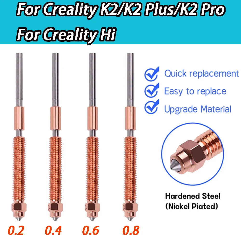 

Unicorn Hardened Steel Nozzle for Creality K2/K2 Plus/K2Pro, All-Metal Quick-Swap Creality Hi Hotend Nozzles Upgrade 0.2mm/0.4mm