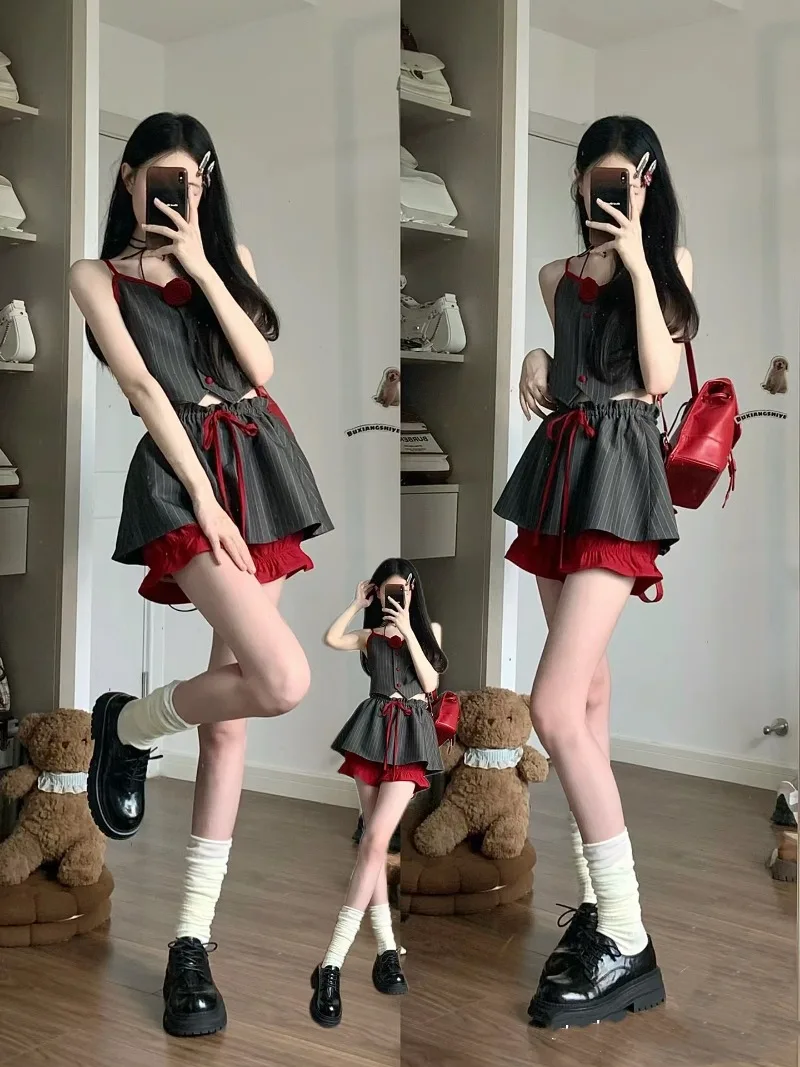 Retro Spicy Girl Stripe Camisole Vest Pantskirt Two-piece Set Lady Contrast Color Lace Up Sleeveless Collarbone Slim Summer Set