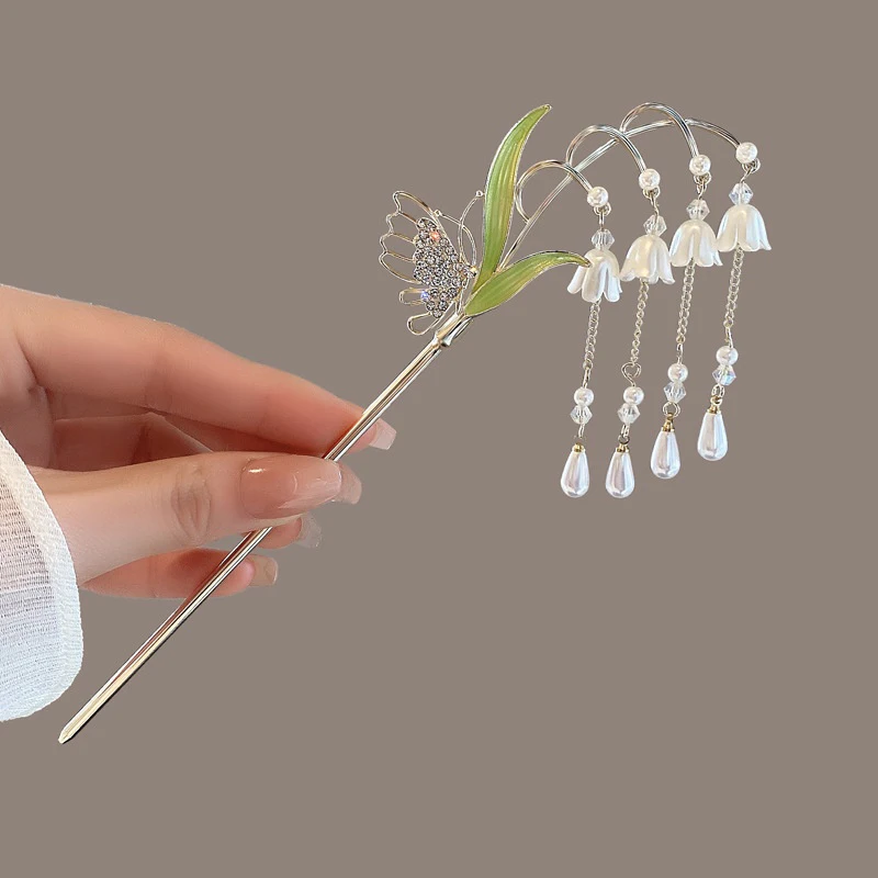 Fresh Ancient Style Pearl Bell Orchid Tassel Hairpin Female Summer With Cheongsam Chinese Dress Plate Hairpin