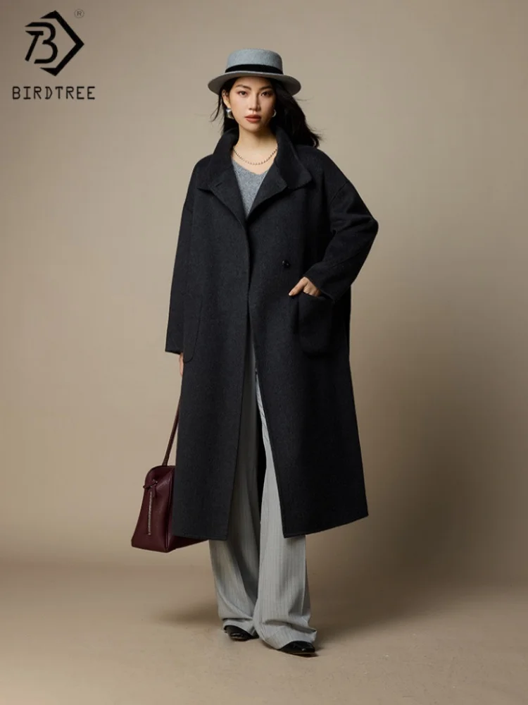 

Birdtree,Wool Blended Long Cardigan,Woman Stand Collar Sweater,Double-side Woolen,Autumn Winter Overcoat,Grey,White T5N406JF
