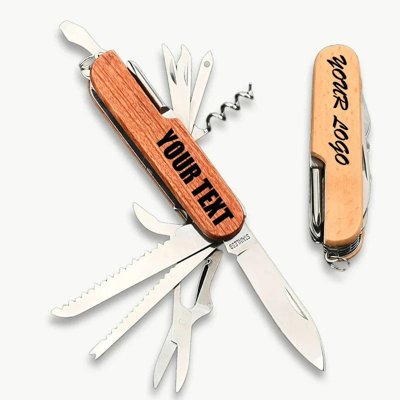 

Personalized Wooden Pocket Knife 11 in 1 Multifunctional Tool Engraving LOGO TEXT Custom Bottle Opener for Company Family Gift