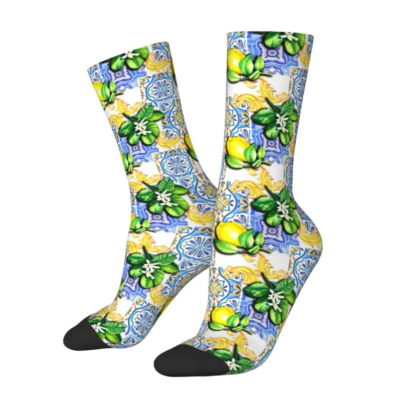 Custom Blue Tiles Lemons Summer Fruit Dress Socks Men Women Warm Fashion Novelty Crew Socks