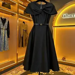 Wonem Elegant Chic Formal Party Black Dress Fashion Bow Collar Sleeveless Evening Midi Long Dresses 2024 Summer Free Shipping