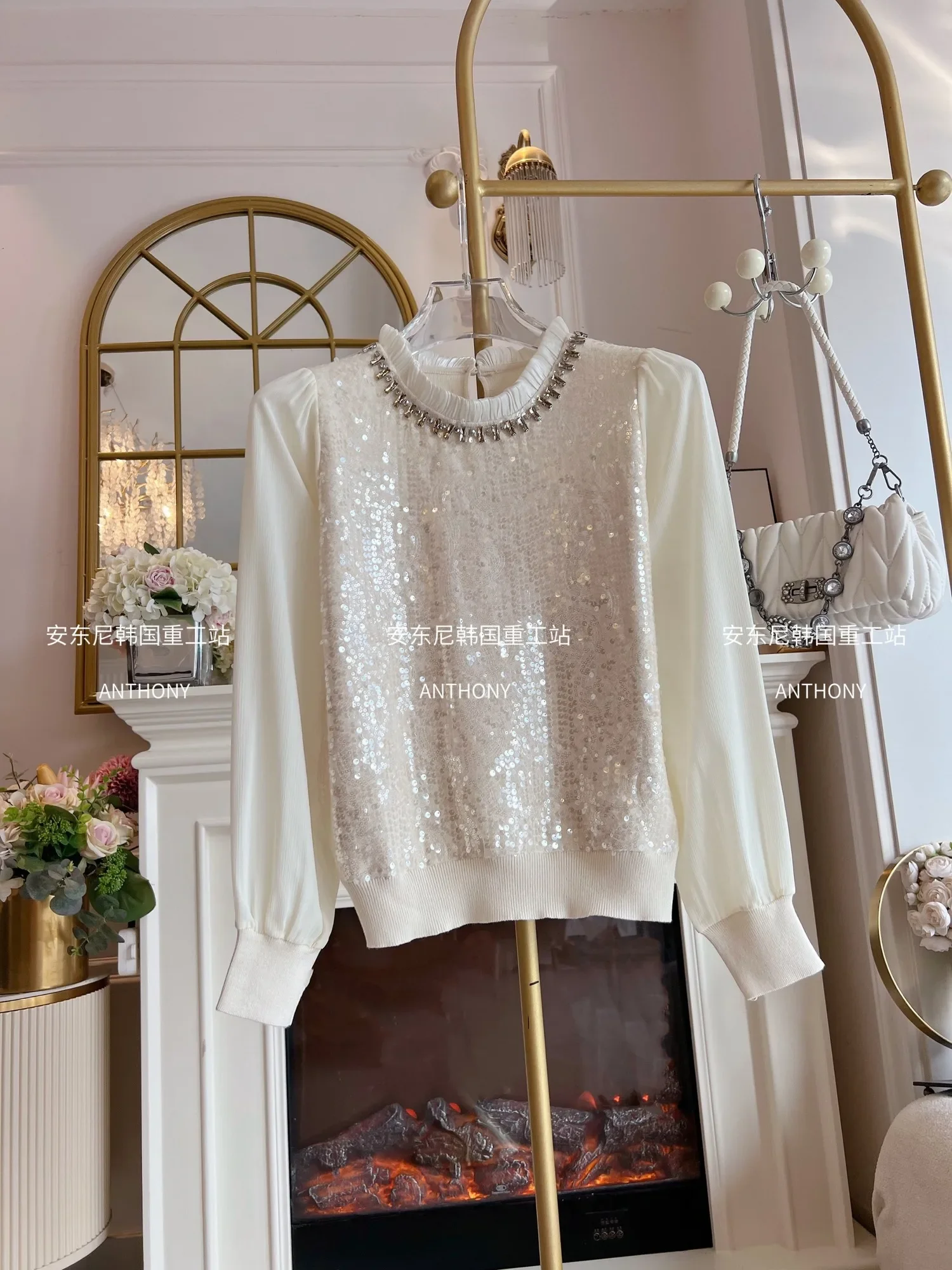 Heavy Industry Diamond Sequined Blouse Chiffon Long Sleeve Round Collar White Knitted Pullover for Women Versatile Shirt Tops