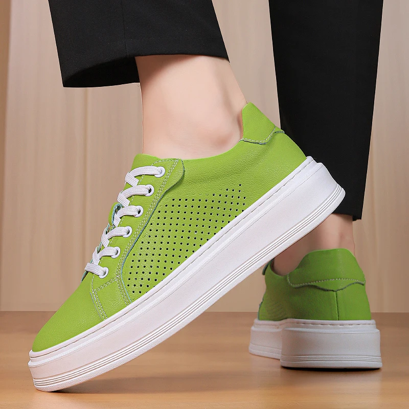 

High Quality Men's Comfortable Thick Soled Non Slip Casual Sports Shoes, Fashionable Brand Hollow Breathable Lace Up Board Shoes