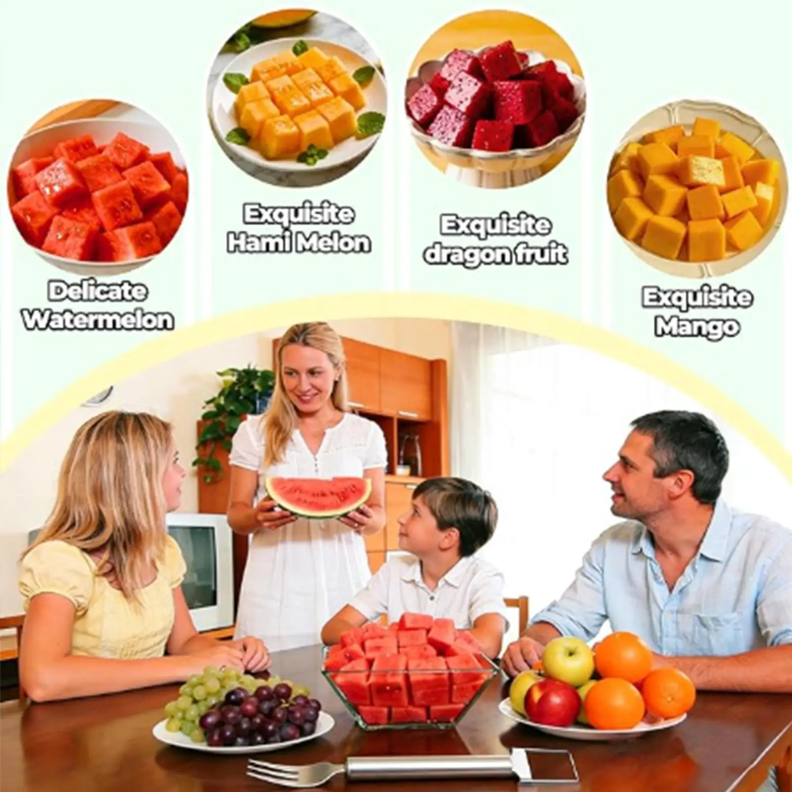 Cortador de sandía portátil multifuncional, utensilio de cocina 2 en 1, cortador y tenedor de sandía para cocina, camping, pícnic, barbacoa