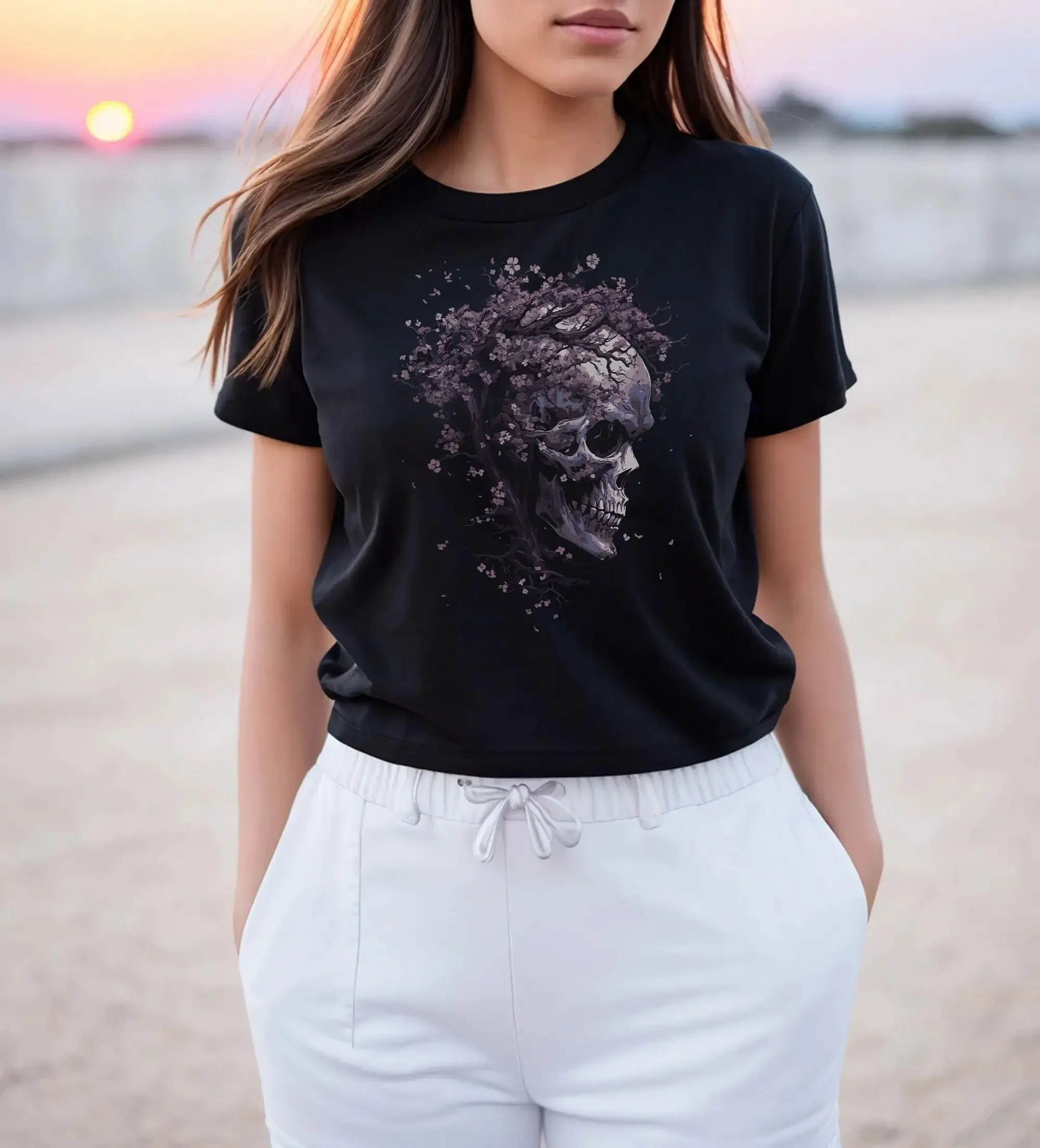 Kirschblüten-Schädel-T-Shirt, Gothic-Blüten, Sakura, Blumenskelett, Halloween