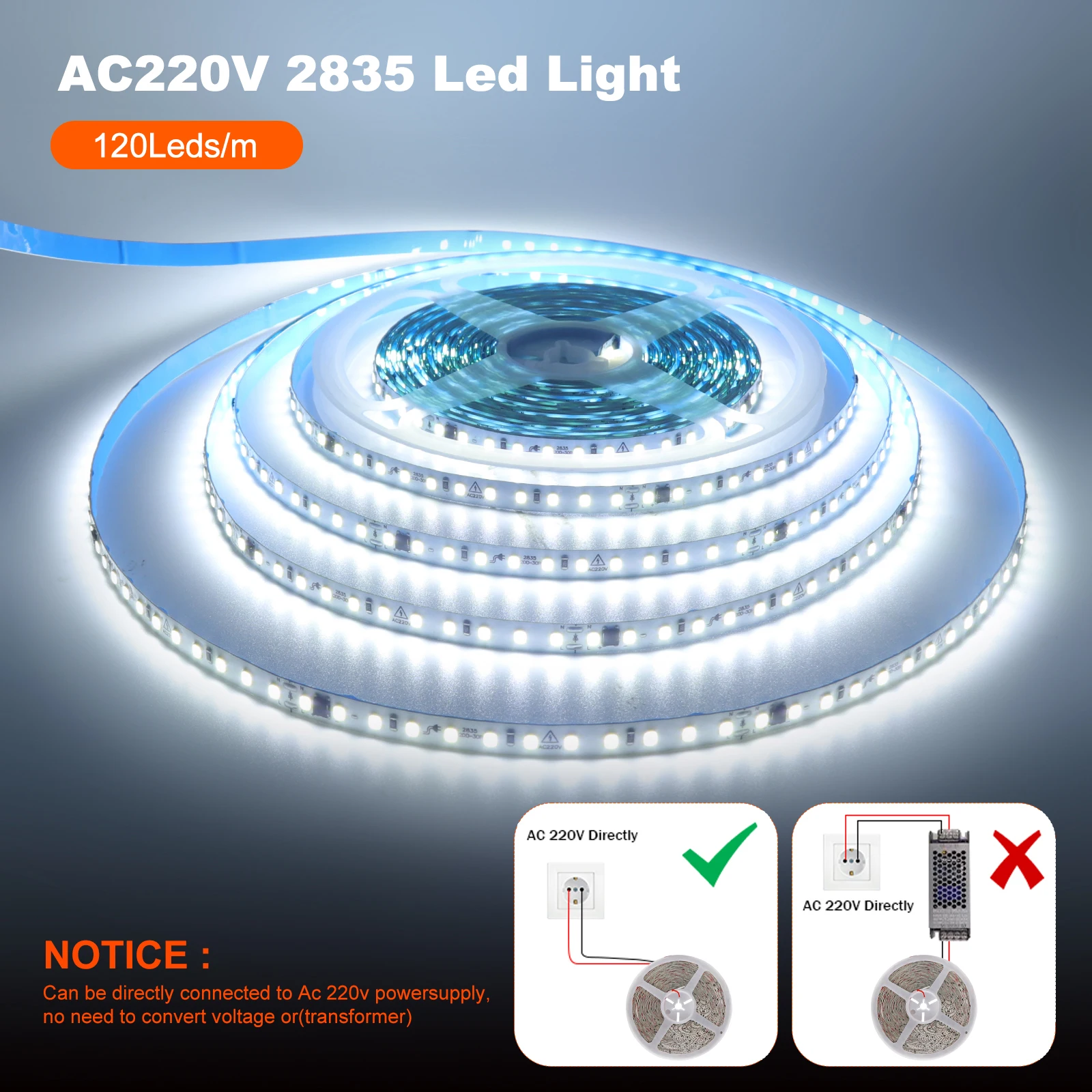 AC 220V 240V LED Light Strip 5m 10m 20m 50m/Roll IP44 2835 120LEDs/m LED Strip Without Transformer 9 Colors Kitchen Cabinet Lamp