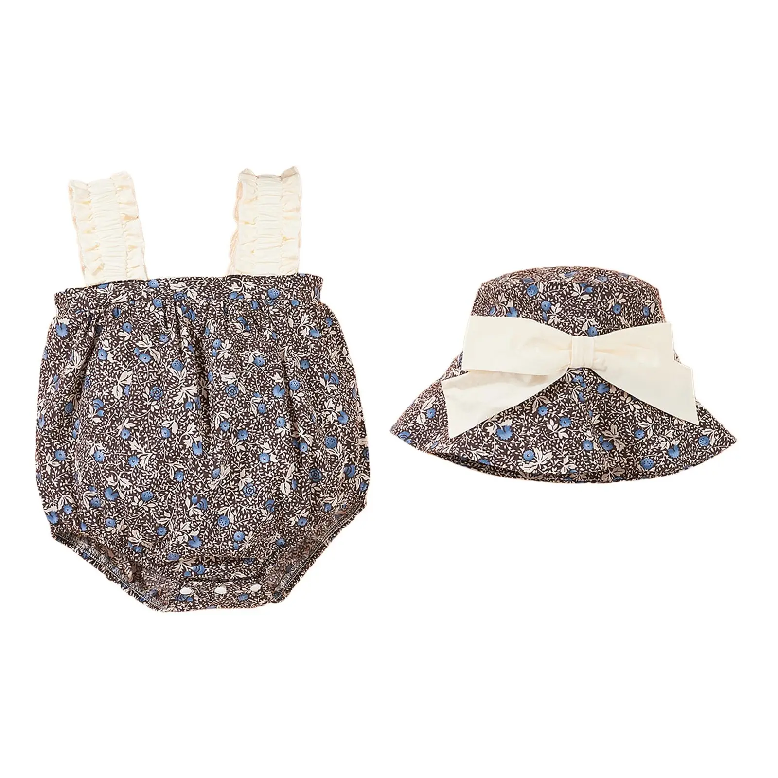Baby Girls Summer Outfit Floral Cotton Romper Sleeveless Jumpsuit with Hat for Newborn Daily Wear Party Photo Shoot Clothes