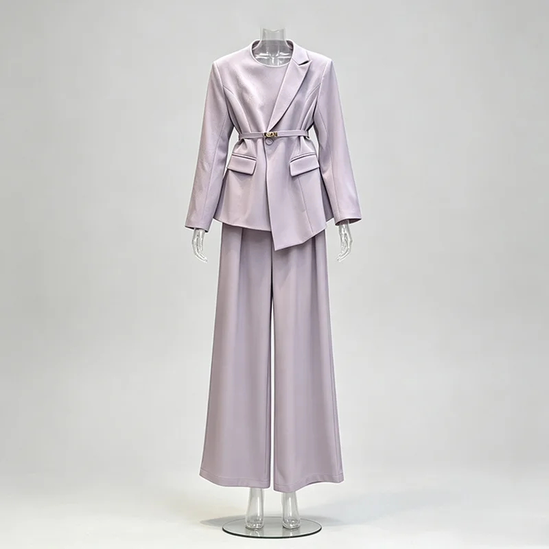 ZAMOR HIGH STREET 2026 New European American Elegant Commute Round Neck Belted Waist Design Blazer Solid Straight Pants Suit for