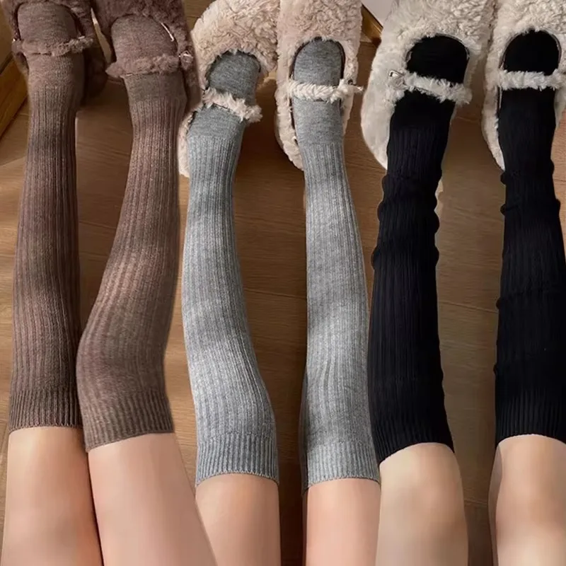 Wool Socks Women Autumn/Winter Solid Color Thigh High Medias Lolita Thick Warm Stockings Black White Long Leg Socks for Female