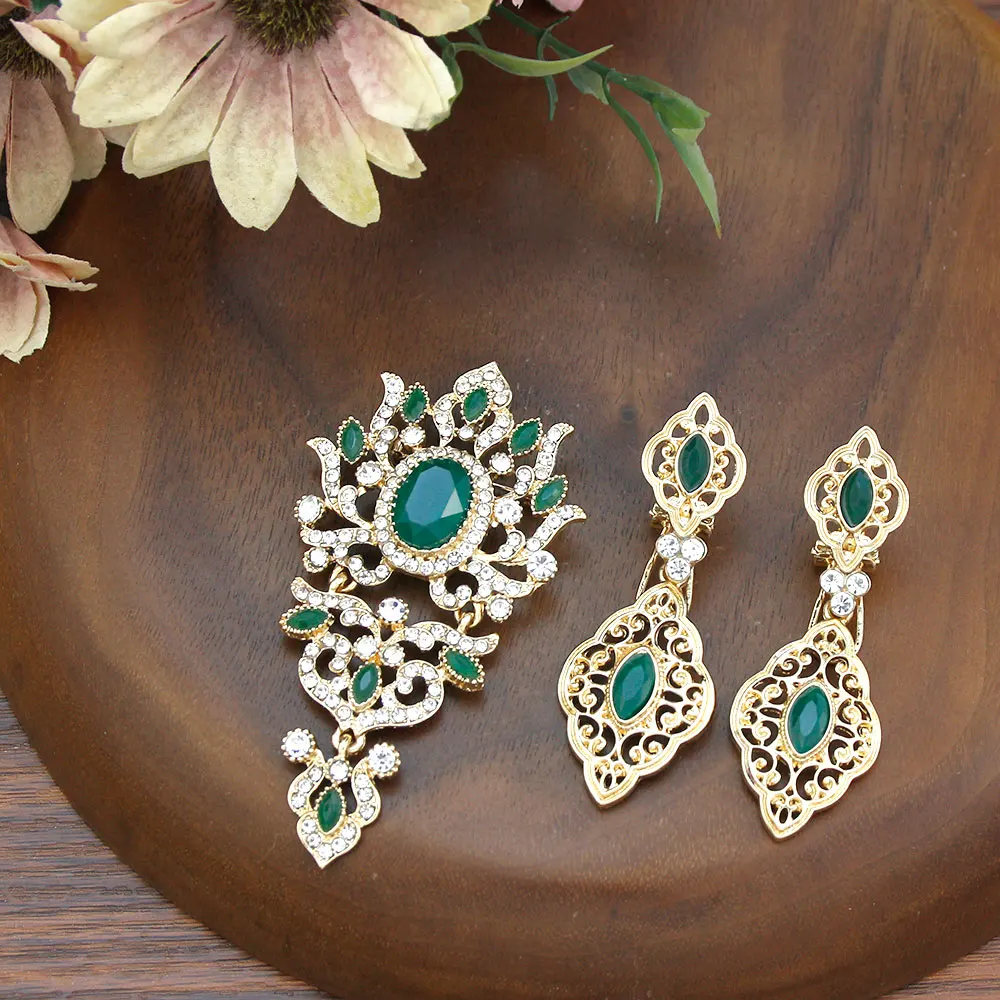 Sunspicems Fashion  Morocco Jewelry Earring Brooch Sets For Women Gold Color Arabic Caftan Brooch Bride Earring Wedding Jewelry