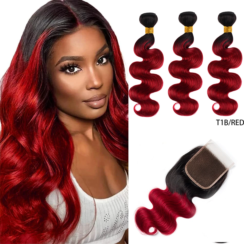 

DreamDiana 10A Grade Brazilian Hair Red Body Wave Bundles With Closure 2 Tone Ombre Human Hair Bundles 3 Bundles With Closure