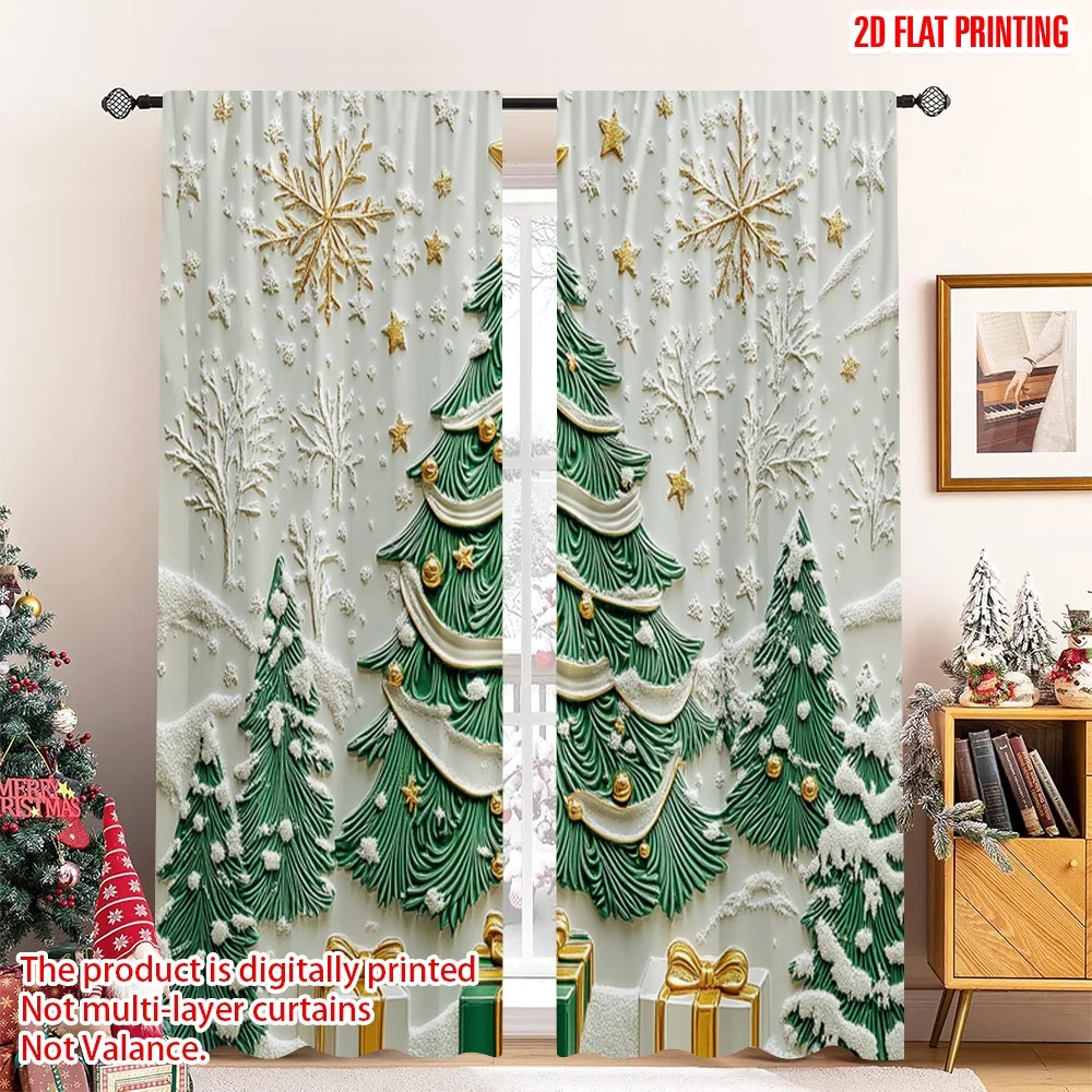 

2pcs 2D flat printing Merry Christmas Party Curtains Christmas Tree Gifts Winter Polyester Without Electricity Family Party Use