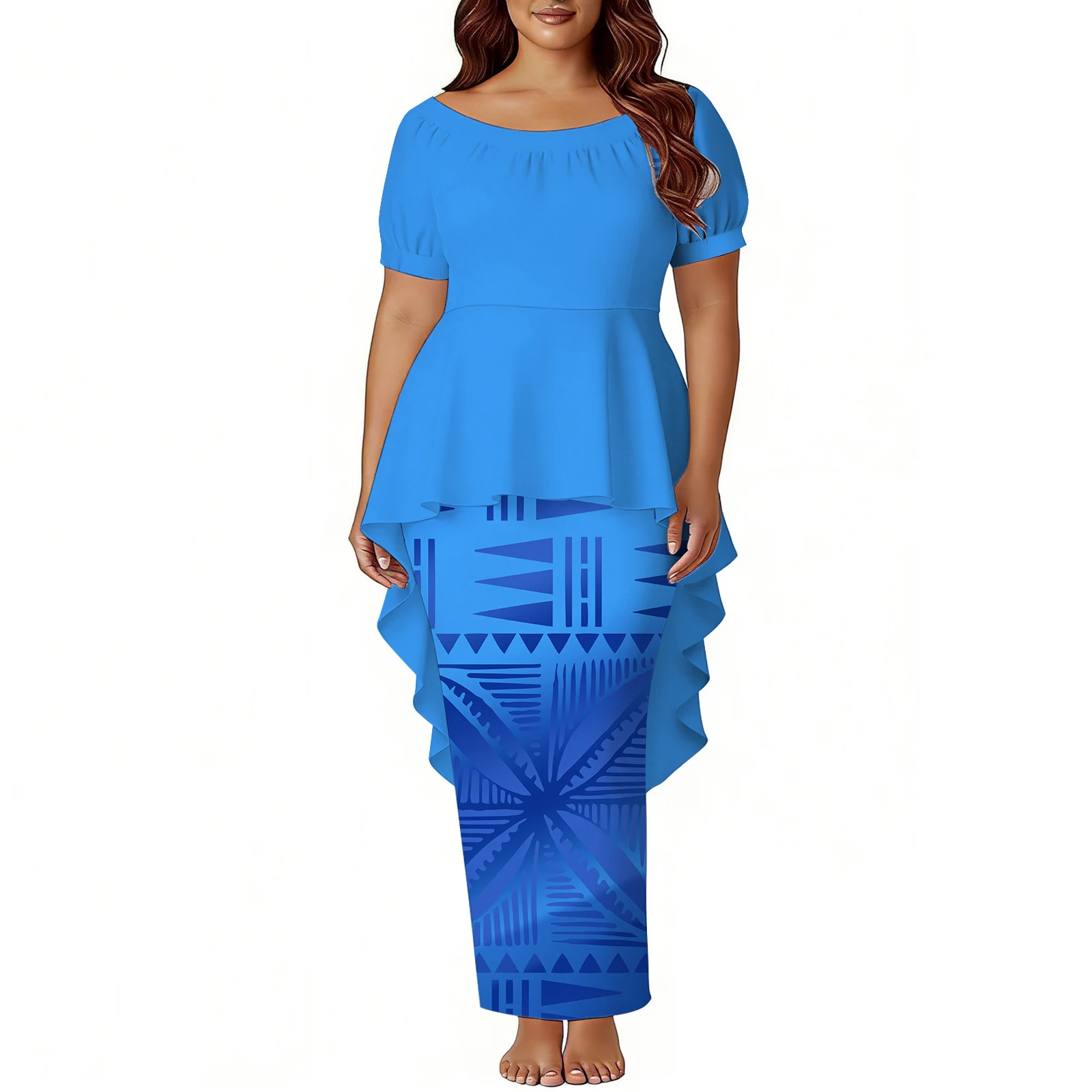 Custom Logo Hawaiian Style Fishtail Mermaid Dresses Polyensian Puletasi Dress Puff Short Sleeve Bodycon Prom Dress Two Piece Set