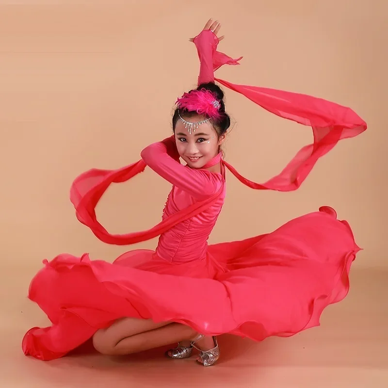 Filles enfant à manches longues Tango Rumba Samba Flamenco valse danse compétition robe Dancewear enfants Standard robe de danse de salon