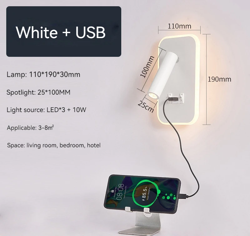 Nachtkastje wandlamp, LED wandlamp, wandgemonteerde leeslamp met schakelaar en USB-poort, draaibare wandkandelaar wandspot