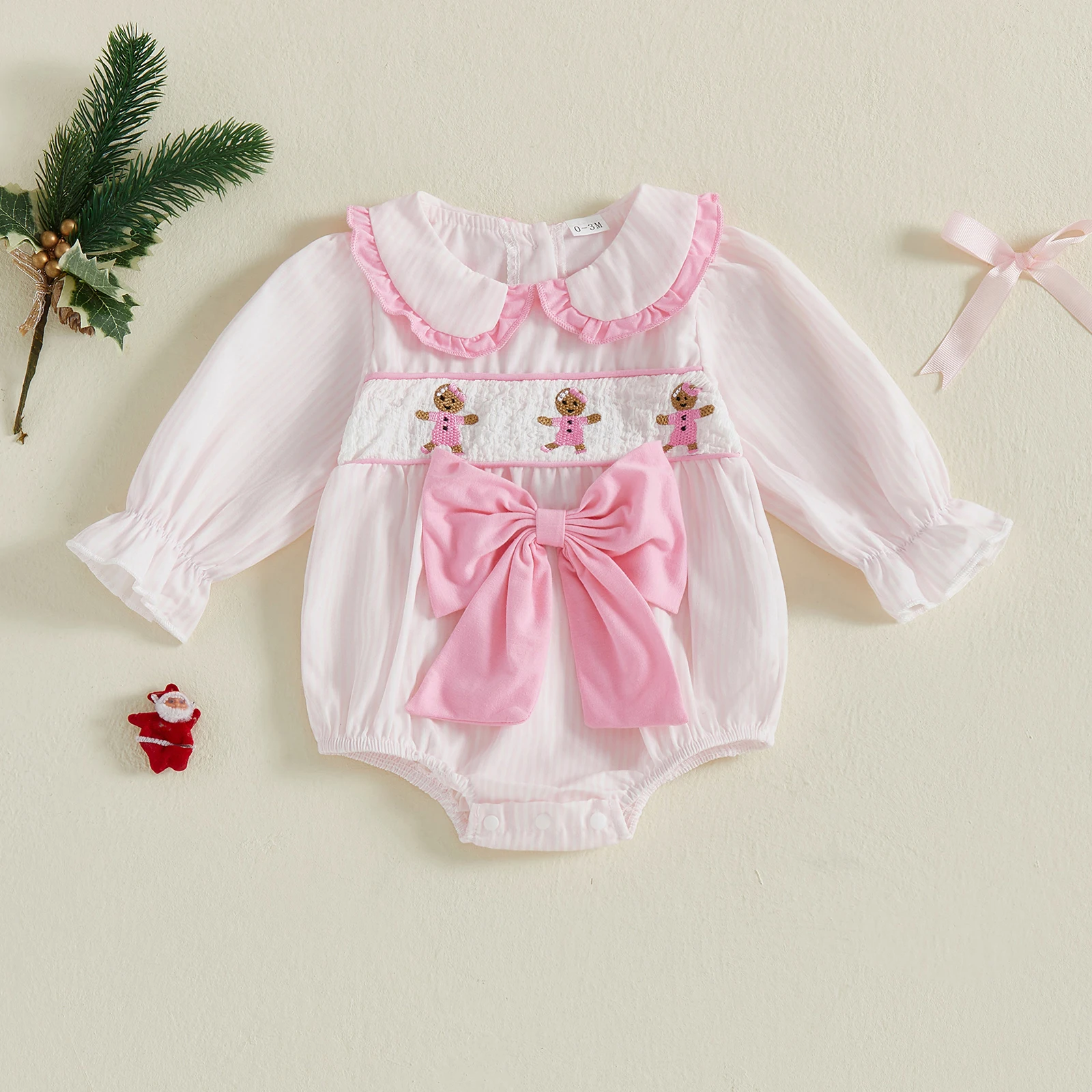 

SUNSIOM Baby Girl Christmas Bodysuit Long Sleeve Bow Front Stripes Print Romper Newborn Fall Winter Playsuit