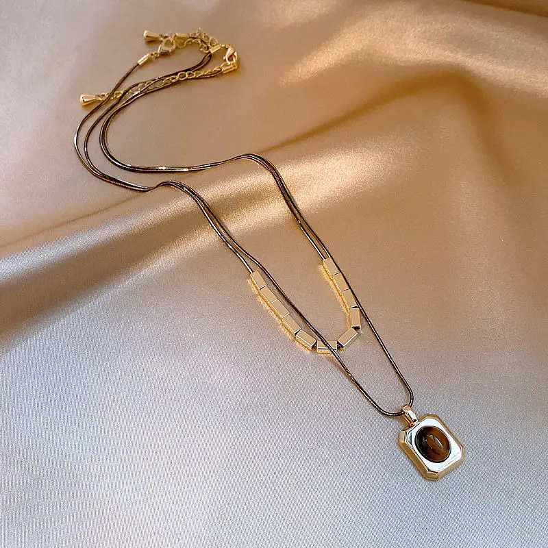 Schwarzgoldfarbene Doppelschichtige Tigerauge-Stein-Anhängerkette für Damen, Herbst-/Winter-Pulloverkette, Schmuckzubehör-Set – Detail 8
