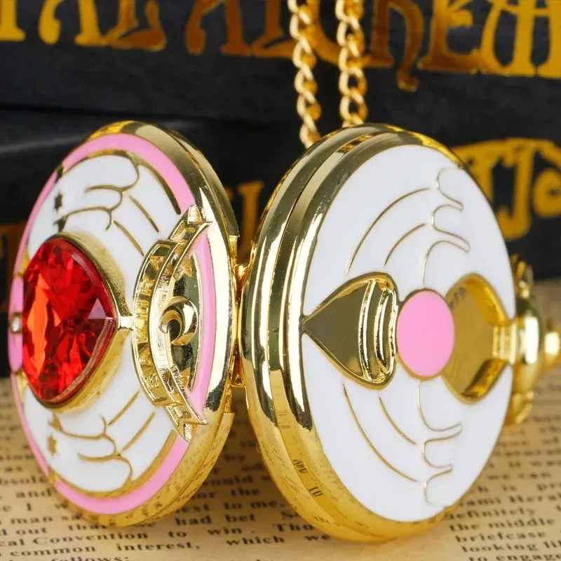 Magic Pink White Trim Ruby Sakura Animazione Catena Orologio da tasca Collana Orologio da tasca Regali per donne Ragazze Cosplay Souvenir